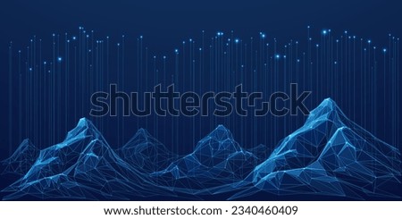 Big Data. Abstract digital mountains range landscape with glowing light dots. Futuristic low poly wireframe vector illustration on technology blue background. Data mining and management concept. Royalty-Free Stock Photo #2340460409