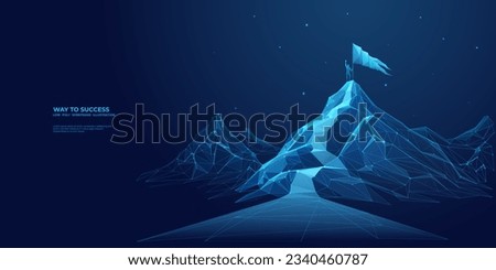 Digital mountain with a flag and a professional climbing businessman on the top. Abstract goals achievement and ambitions concept. Technology dark blue background with peaks and constellations. Royalty-Free Stock Photo #2340460787