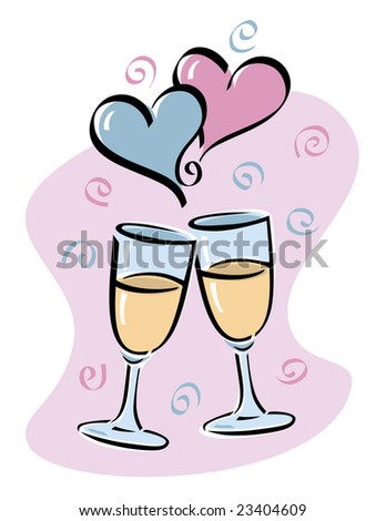 An illustration of toasting stemmed glasses with intertwined hearts. Vector also available.