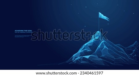  Abstract flag on the top of the Mountain. The digital conception of achieving the goal form lines, and connected glowing dots. Low poly vector wireframe illustration on blue technology background.  Royalty-Free Stock Photo #2340461597