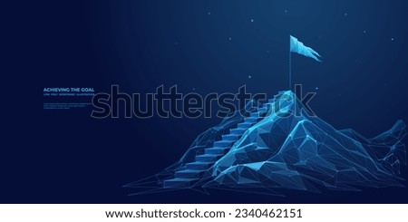 Abstract digital mountain, flag, and stairs. Leadership concept. Goal achievement concept. Low poly wireframe vector illustration in futuristic modern style on technological blue background. Royalty-Free Stock Photo #2340462151