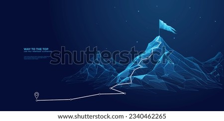 Abstract mountain with a path to the top. Way to goal in digital futuristic style on a blue technology background. Vector illustration of success achievement concept. Low Poly wireframe flag and ridge Royalty-Free Stock Photo #2340462265