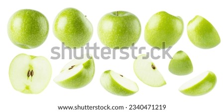 Bright green apples rich collection, whole and cut on half, slices with tails, seeds, different sides isolated on white background. Summer fresh ripe fruits as design elements. Royalty-Free Stock Photo #2340471219
