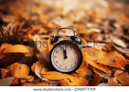 alarm clock on autumn leaves natural background Royalty-Free Stock Photo #2340477709