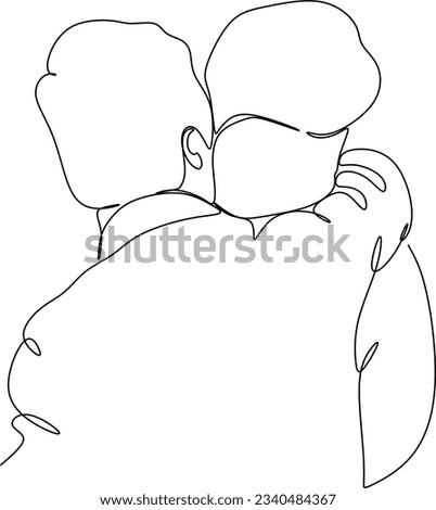Continuous line drawings of cheerful friends hugging each other. Two young guys are hugging each other. Feel happy, friends meet with hugs, continuous line drawing of a couple in love