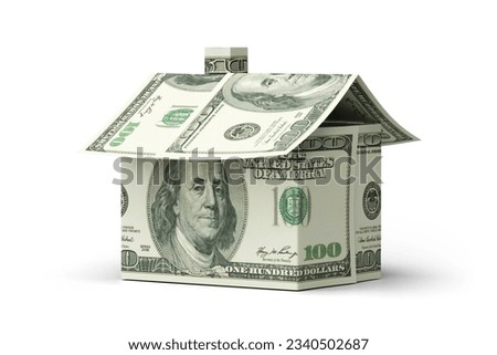 Money house dollar bill real estate isolated on white business finance wealth investment currency background of residential building property home mortgage concept or financial economy banking market. Royalty-Free Stock Photo #2340502687