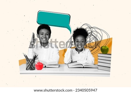 Composite photo collage illustration template classroom raise hands up kids studying lecture answering isolated on drawn background