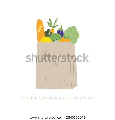 Eco shopping paper bag with various healthy food. Zero waste, plastic free concept. Different fresh fruits and berries. Colored trendy vector illustration. Cartoon style. 