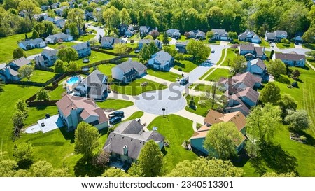 Summertime fresh cut green lawns landscaping in yards of suburban neighborhood Royalty-Free Stock Photo #2340513301