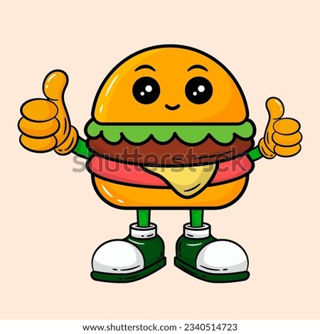 Hamburger Mascot Raising Thumbs up. 
Kawaii Cartoon Character
