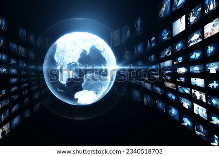 Creative glowing polygonal globe with rows of images on dark wallpaper. Connecting businesspeople, video conference concept