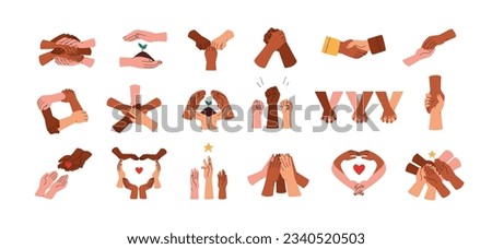 Diverse hands holding together, groups, heart and circle shaped. Team cooperation, partnership, community, support, trust concept. Flat graphic vector illustrations isolated on white background