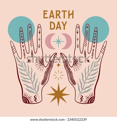Earth Day hands holding International Mother Planet. Environmental problems and protection. Vector minimalist stylish clip art illustration. Caring for Nature and our world. Night landscape flat