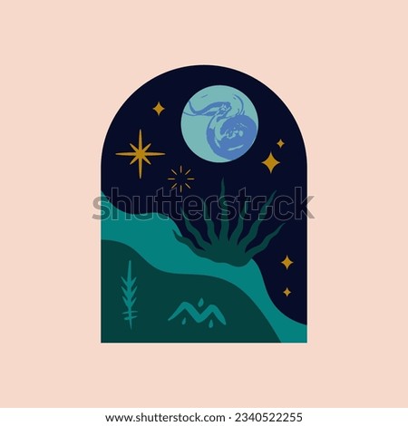 Earth Day International Mother Planet. Environmental problems and protection. Vector minimalist stylish clip art illustration. Caring for Nature and our world. Night landscape flat