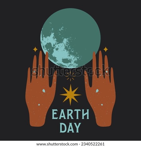 Earth Day hands holding International Mother Planet. Environmental problems and protection. Vector minimalist stylish clip art illustration. Caring for Nature and our world. Night landscape flat