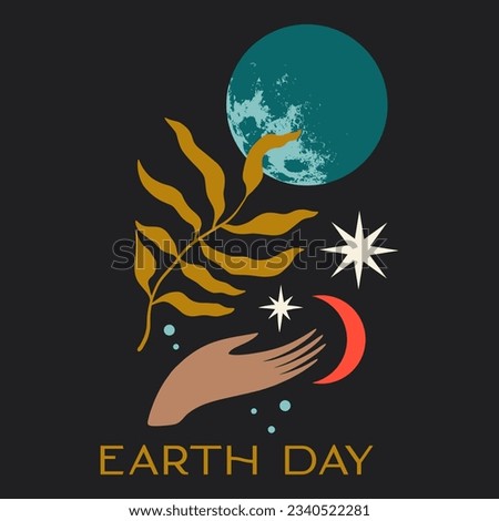 Earth Day hand holding International Mother Planet. Environmental problems and protection. Vector minimalist stylish clip art illustration. Caring for Nature and our world. Night landscape flat