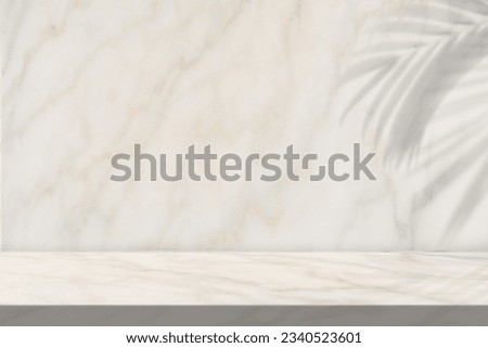 Marble stone wall room interior studio background and rock floor shelf with shadow leaves overlay well display product and text presentation on free space backdrop 