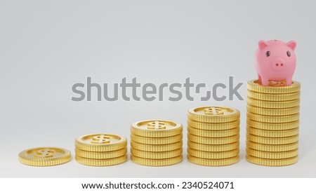 3D illustrates of stacks of gold coins with dollar sign showing growth with piggy bank on top isolated on white background. 