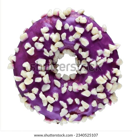 Cut out donut with purple icing topped with small white chocolate crumb .