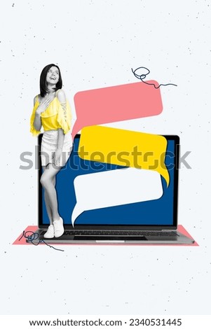 Photo collage of dreamy young lovely cute woman look laptop display notifications dialogue online messenger app isolated on grey background