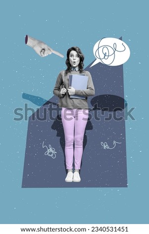 Photo collage of funky young student girl holding stack documents materials finger pointing teacher pointing isolated on blue background