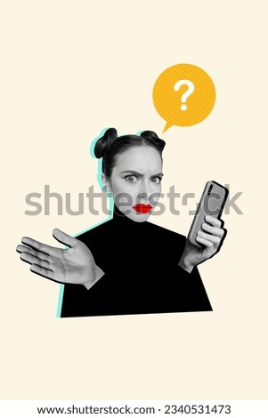 Portrait of black white effect confused girl hand hold smart phone mind bubble question mark isolated on beige background