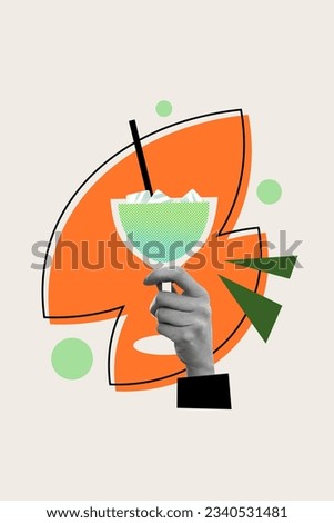 Vertical creative composite photo collage of palm raising up ice cold mojito cocktail in restaurant isolated on white color background