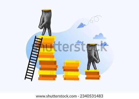 Creative composite 3d photo concept collage of strange hands standing on book like people look at sky isolated on painted background