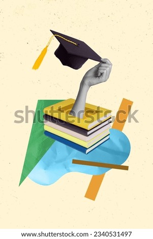 Vertical collage image of black white effect arm hold mortarboard hat through pile stack book hole isolated on beige background