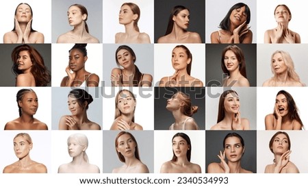 Collage. Beautiful, tender women of different skin color, nationality and age with well-kept skin over multicolored background. Concept of skincare, beauty, plastic surgery, cosmetology, cosmetics, ad