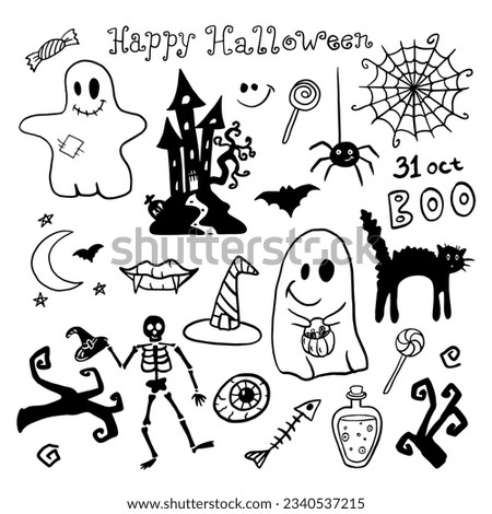 Trendy set of halloween clipart in doodle style. Funny, cartoon, cute illustration for design, decoration kids playroom, textile or greeting card.  Hand drawn. Vector illustration EPS10 