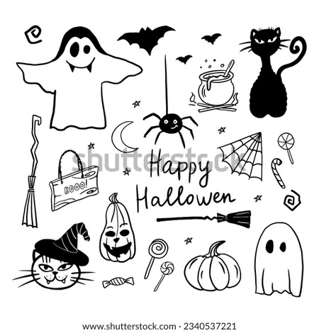 Cartoon set of halloween clipart. Funny, cute illustration for design, decoration kids playroom, textile or greeting card.  Hand drawn. Vector illustration EPS10  in doodle style.