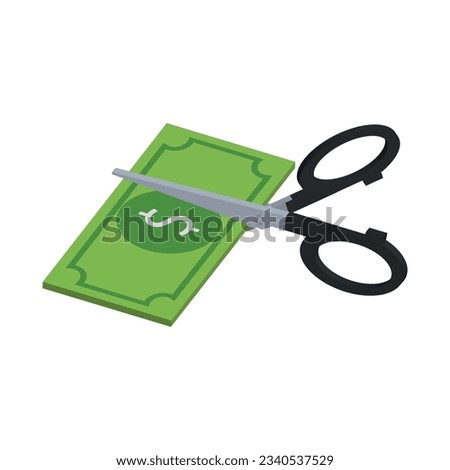 isometric vector illustration isolated on white background, scissors and banknote with dollar sign, price in half.