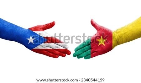 Handshake between Cameroon and Puerto Rico flags painted on hands, isolated transparent image.