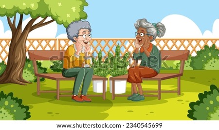 Two elderly friends talking about an exciting topic in a garden setting