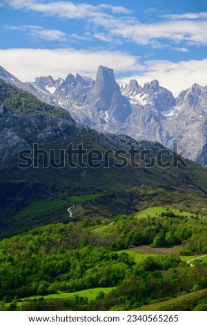 View on Naranjo de Bulnes or Picu Urriellu,  limestone peak dating from Paleozoic Era, located in Macizo Central region of Picos de Europa, mountain range in Asturias, North Spain Royalty-Free Stock Photo #2340565265