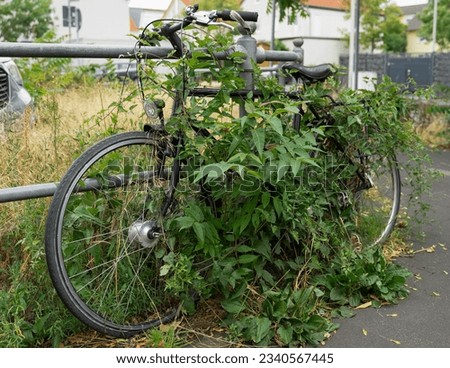There is an old bicycle at the fence, overgrown with vegetation, a lot of dry grass around. Royalty-Free Stock Photo #2340567445