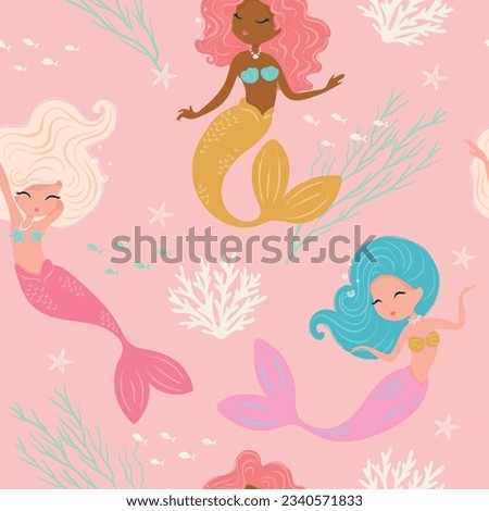 Lovely mermaid pattern, vector illustration for kids prints, wallpapers, fabrics, greeting cards. Royalty-Free Stock Photo #2340571833