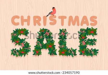 Vector illustration Christmas Sale festive wreath letters on wooden texture