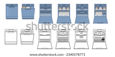 Dishwasher with open, closed door empty, with dishes. Modern household appliance for washing utensil, dishware. Flat-style illustration and linear drawings of a dishwasher Royalty-Free Stock Photo #2340578771