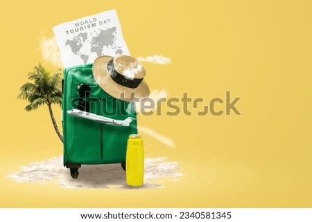 Suitcase and hat with sunglasses and an airplane on a colored background. World tourism day concept