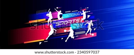 sport background, national sports day celebration concept, with abstract geometric ornament and illustration of sports athlete football player, badminton, basketball, baseball, tennis, volleyball Royalty-Free Stock Photo #2340597037