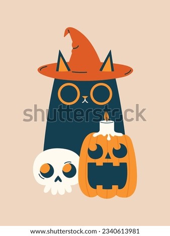 Cute Halloween black cat in witch hat. Sticker with skull, evil pumpkin, candle. Happy Halloween concept. Funny, quirky clipart with characters.
