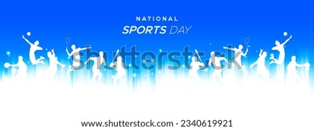 sport background, national sports day celebration concept, with abstract geometric ornament and illustration of sports athlete football player, badminton, basketball, baseball, tennis, volleyball Royalty-Free Stock Photo #2340619921