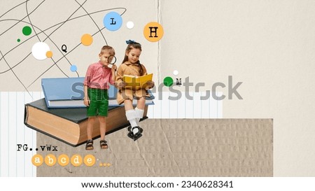 Conceptual art collage. Curieous, smart kids learning, doing homework, reading book. Retro style. Concept of education, childhood, school, back to school, emotions. Copy space for ad