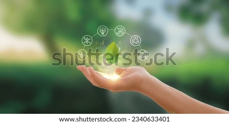 Hand holding a green leaf with icons representing renewable and sustainable energy sources. Ecology concept.