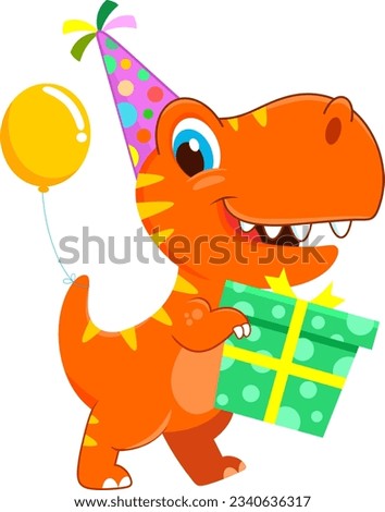 Funny Birthday Dinosaur Cartoon Character With A Party Hat Holding A Gift Box. Vector Illustration Flat Design Isolated On Transparent Background