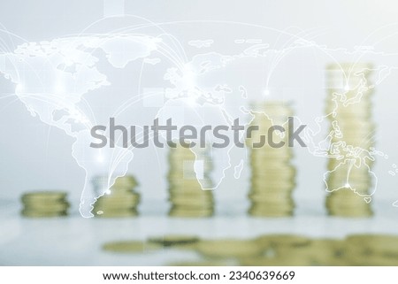 Abstract graphic digital world map hologram with connections on coins background, globalization concept. Multiexposure