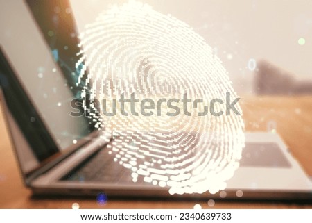Abstract creative fingerprint illustration on modern computer background, personal biometric data concept. Multiexposure