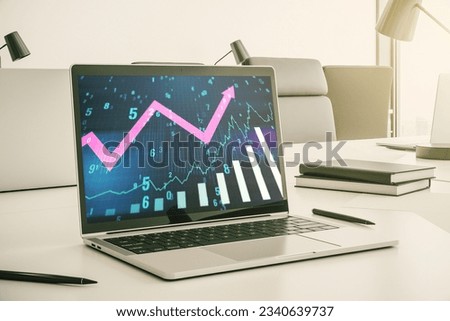 Abstract creative financial graph with upward arrow on modern laptop monitor, forex and investment concept. 3D Rendering Royalty-Free Stock Photo #2340639737